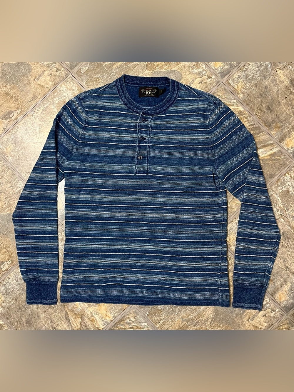 RRL Ralph Lauren Jacqaurd Indigo Double Knit Henley Pullover Shirt Mens Small